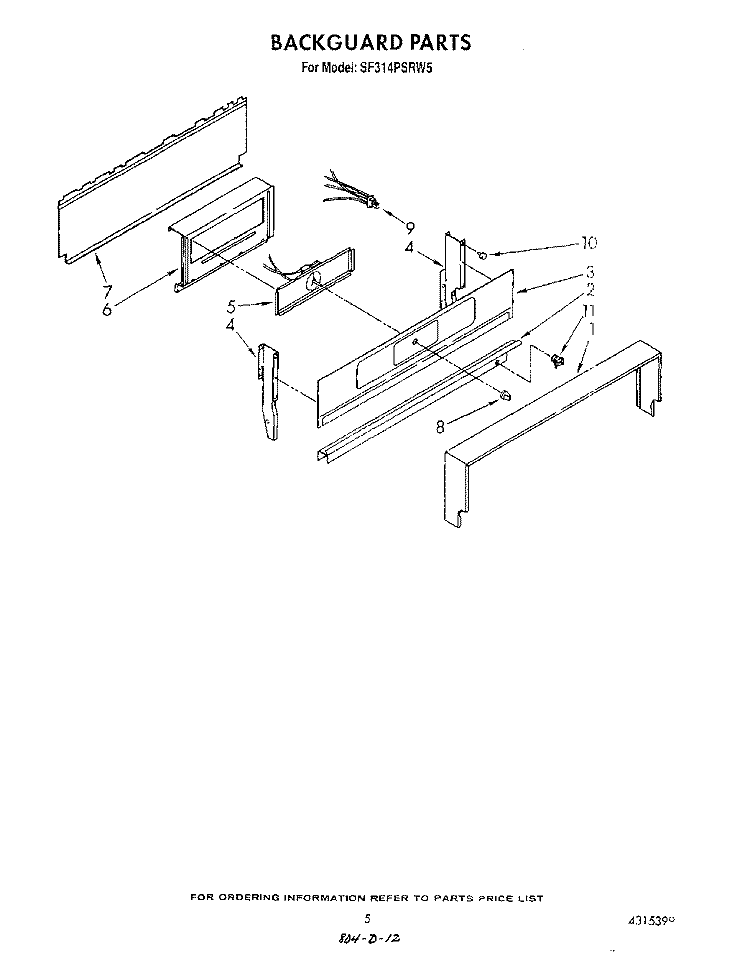 BACKGUARD Diagram and Parts List for SF314PSRW5  Whirlpool Range