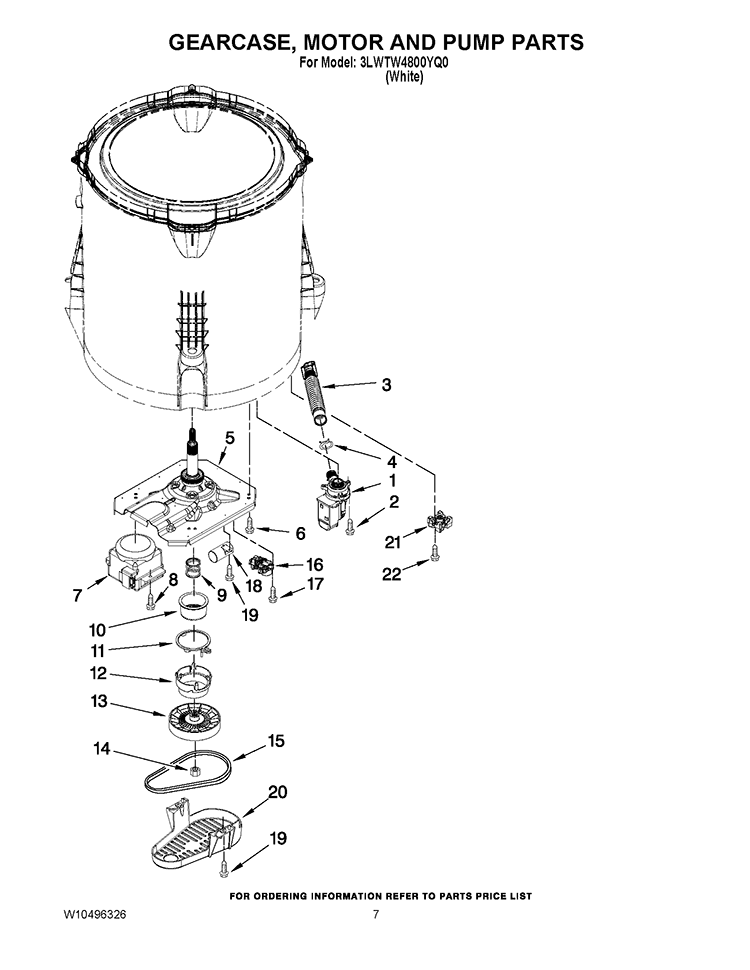 GEARCASE, MOTOR AND PUMP PARTS Diagram and Parts List for 3LWTW4800YQ0  Whirlpool Washer