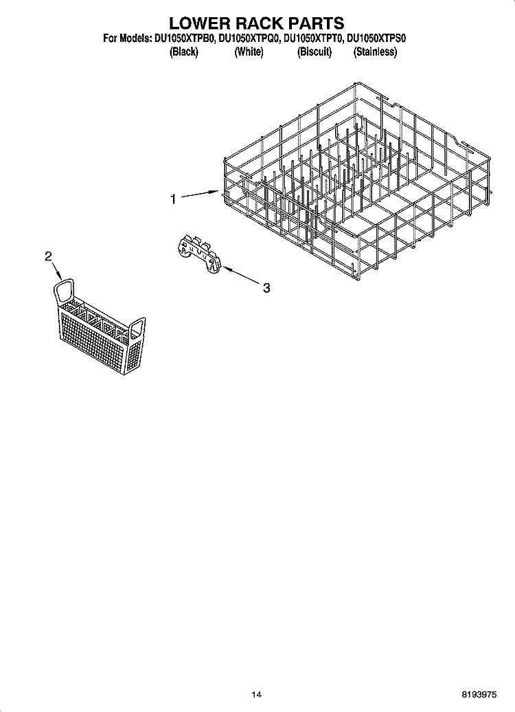 LOWER RACK PARTS, OPTIONAL PARTS (NOT INCLUDED) Diagram and Parts List for DU1050XTPT0  Whirlpool Dishwasher