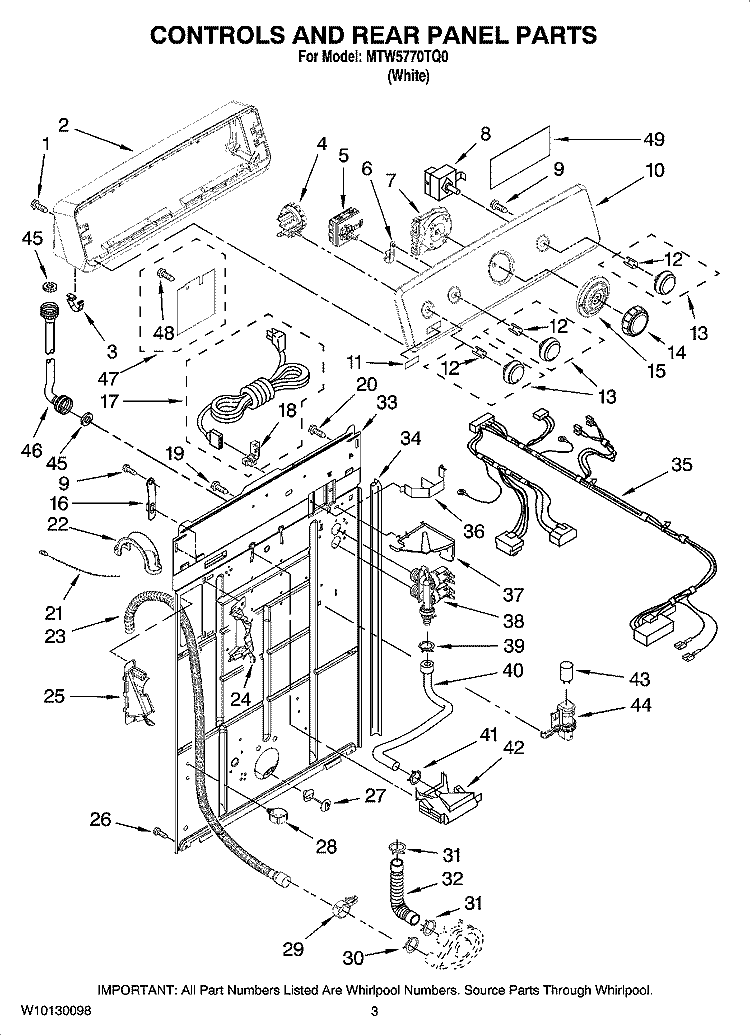 CONTROLS AND REAR PANEL PARTS Diagram and Parts List for MTW5770TQ0  Whirlpool Washer