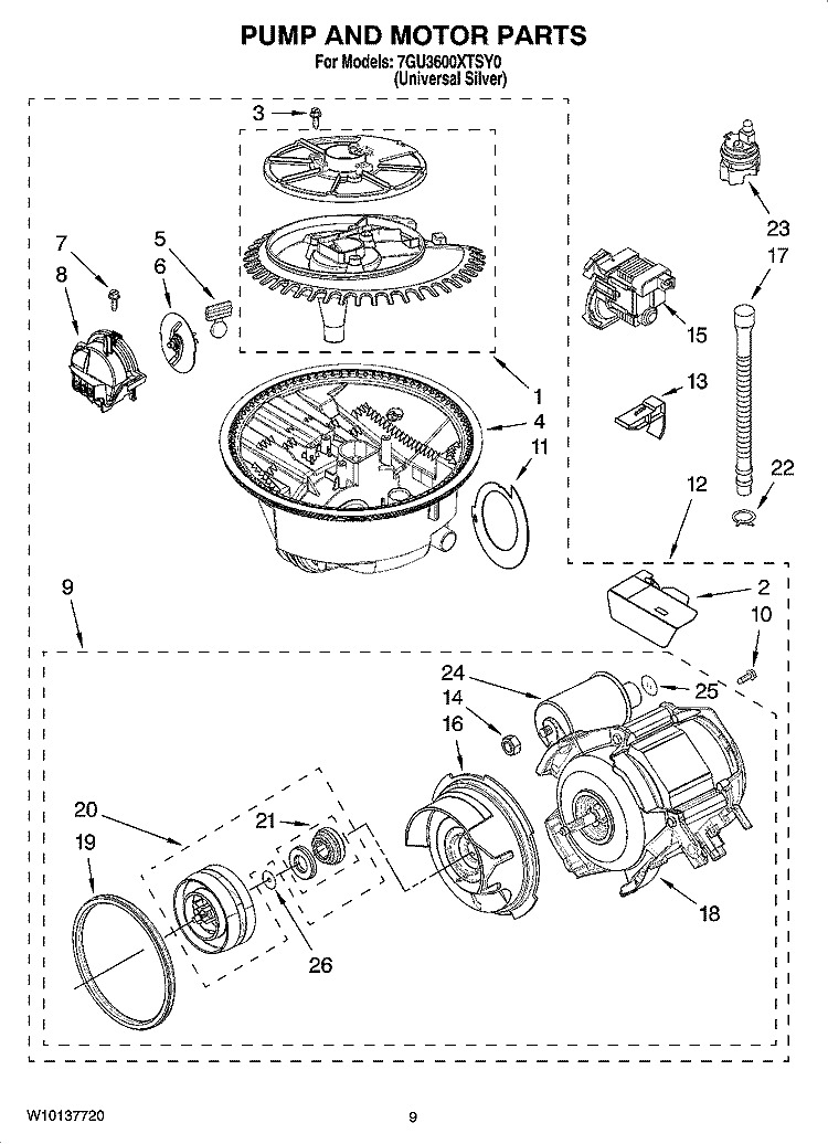 PUMP AND MOTOR PARTS Diagram and Parts List for 7GU3600XTSY0  Whirlpool Dishwasher