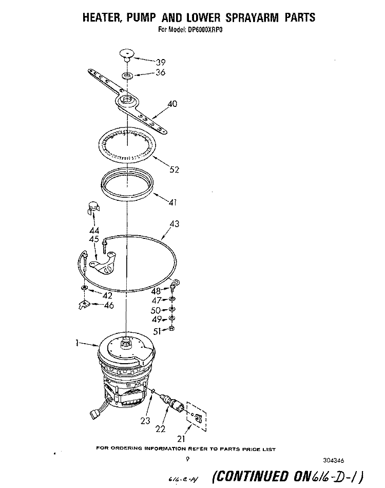 HEATER, PUMP, AND LOWER SPRAY ARM Diagram and Parts List for DP6000XRP0  Whirlpool Dishwasher