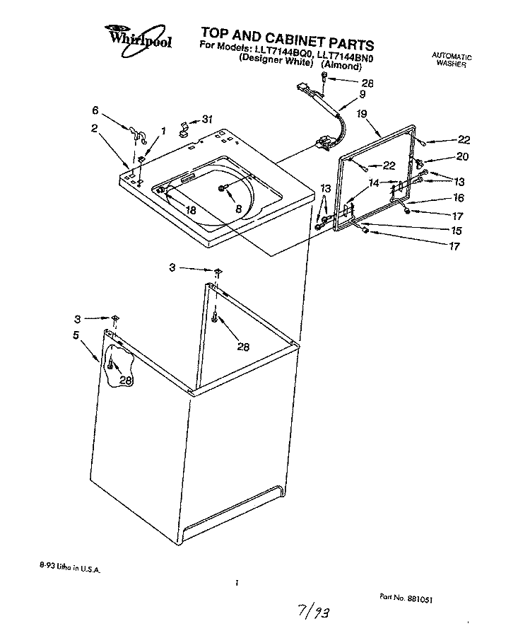 TOP AND CABINET, LIT/OPTIONAL Diagram and Parts List for LLT7144BN0  Whirlpool Washer