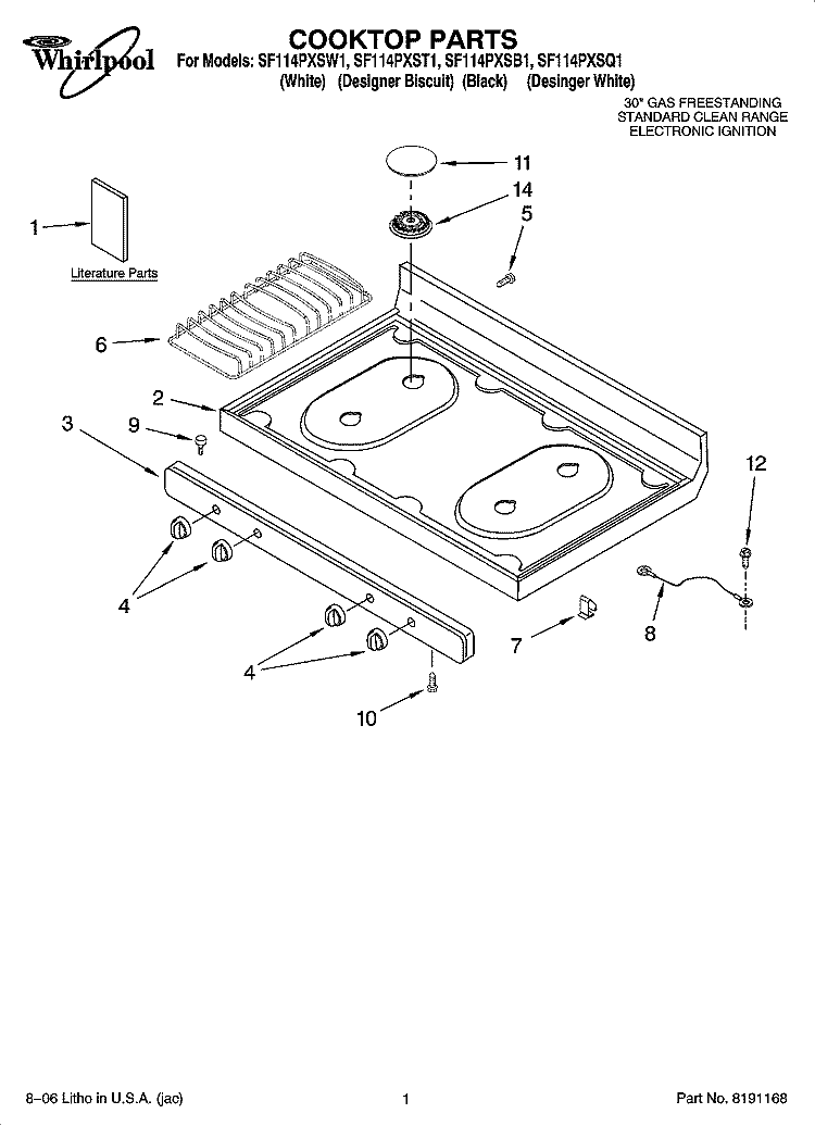 COOKTOP PARTS Diagram and Parts List for SF114PXST1  Whirlpool Range