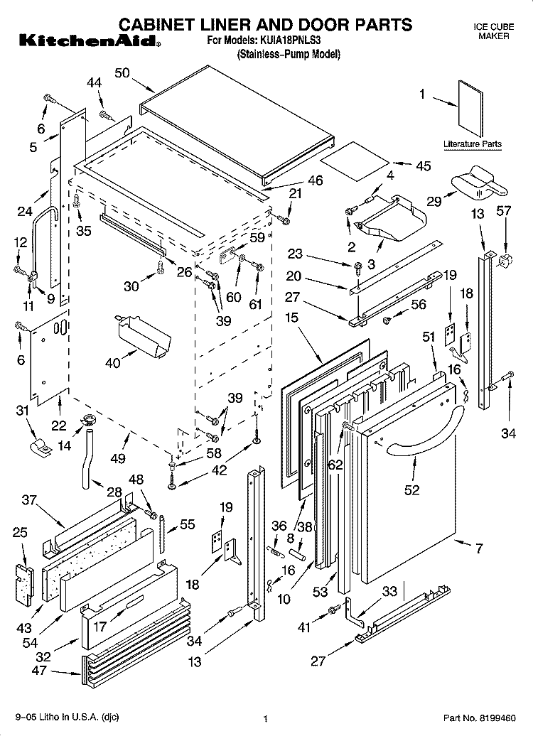 CABINET LINER AND DOOR PARTS Diagram and Parts List for KUIA18PNLS3  KitchenAid Ice Maker