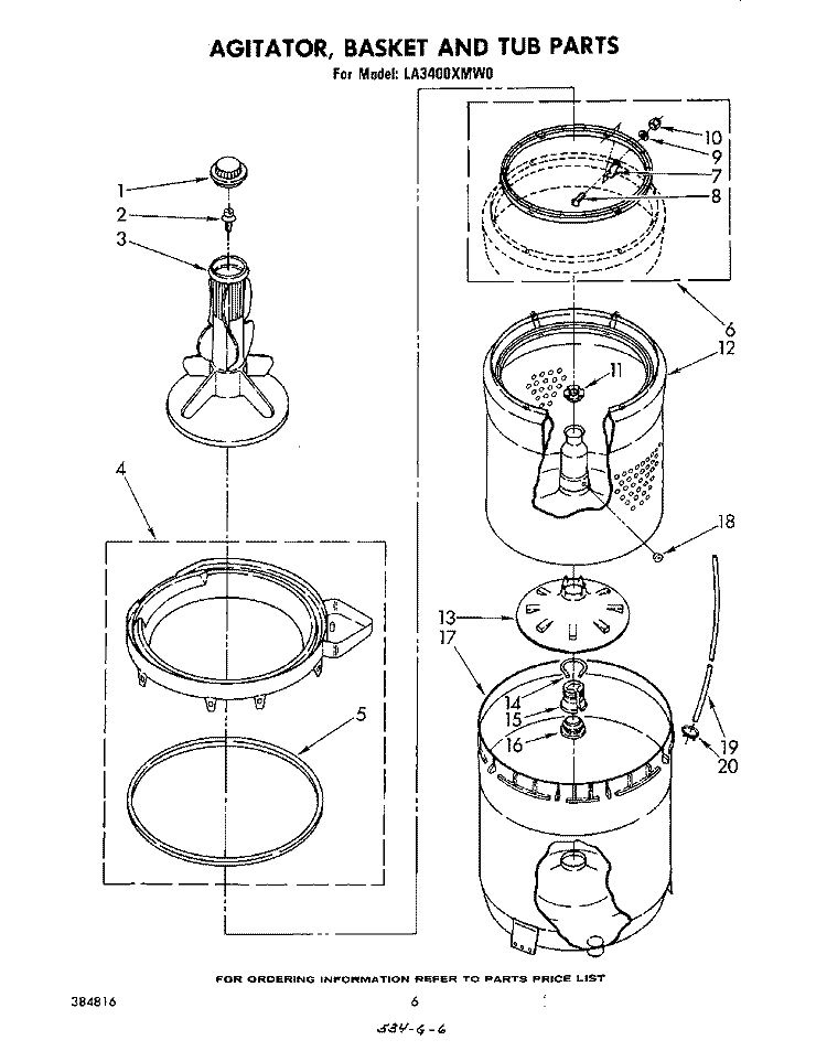 AGITATOR, BASKET AND TUB Diagram and Parts List for LA3400XMW0  Whirlpool Washer