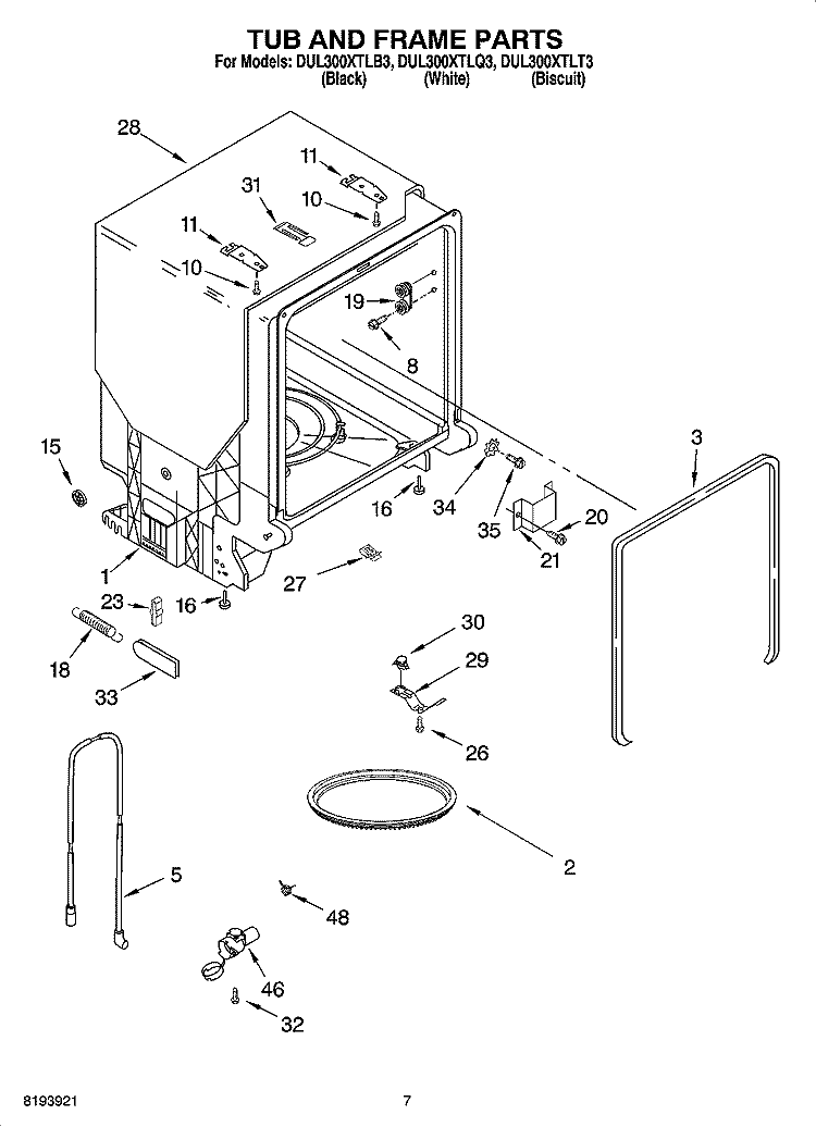 TUB AND FRAME PARTS Diagram and Parts List for DUL300XTLT3  Whirlpool Dishwasher