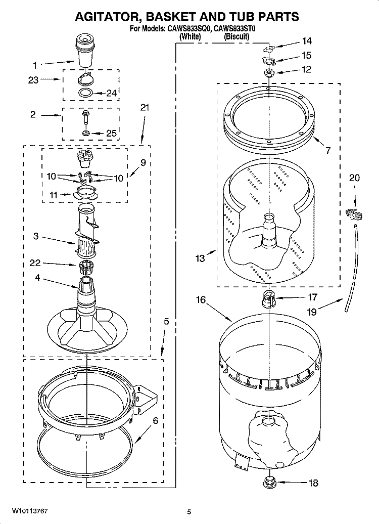 AGITATOR, BASKET AND TUB PARTS Diagram and Parts List for CAWS833ST0  Crosley Washer