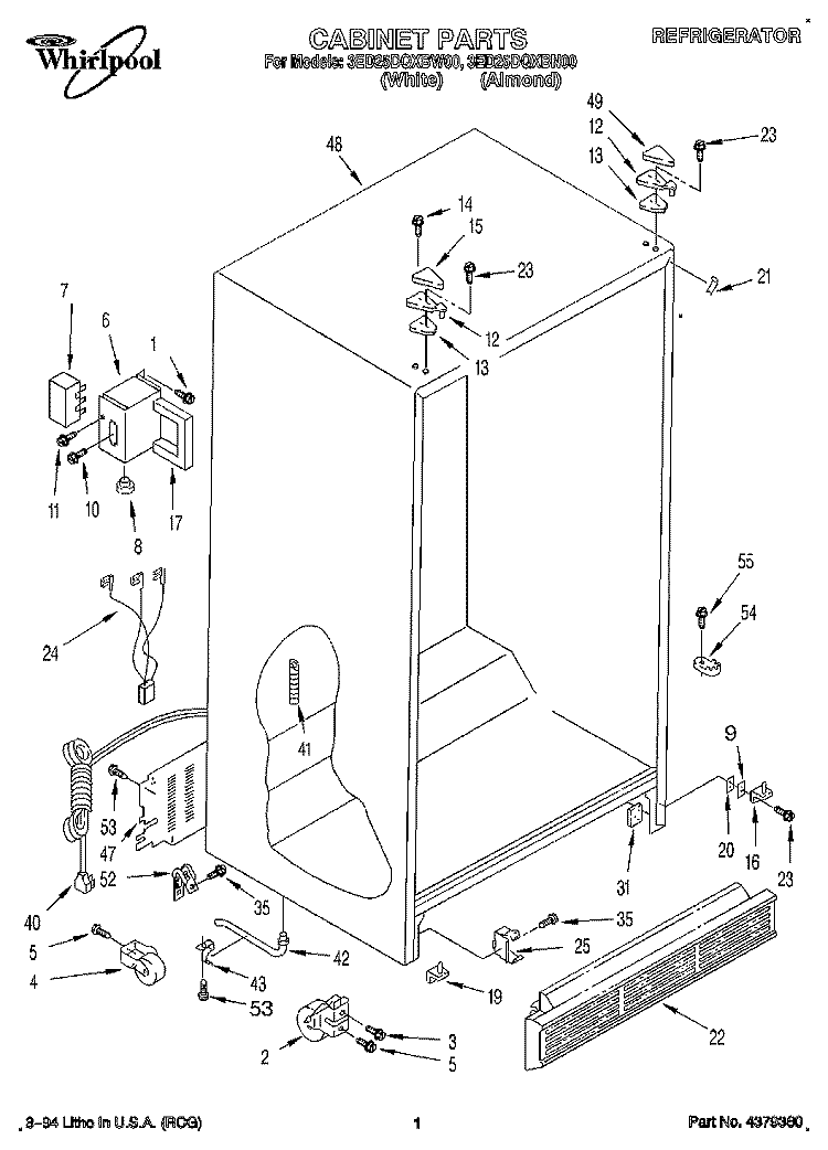 CABINET Diagram and Parts List for 3ED25DQXBN00  Whirlpool Refrigerator