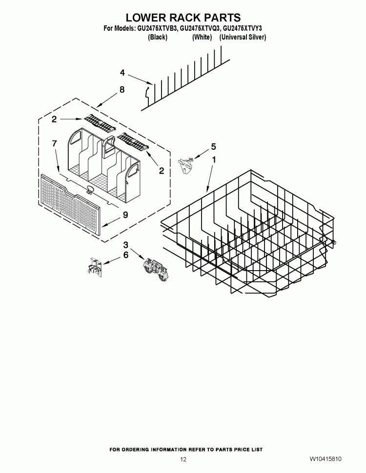 LOWER RACK PARTS Diagram and Parts List for GU2475XTVQ3  Whirlpool Dishwasher