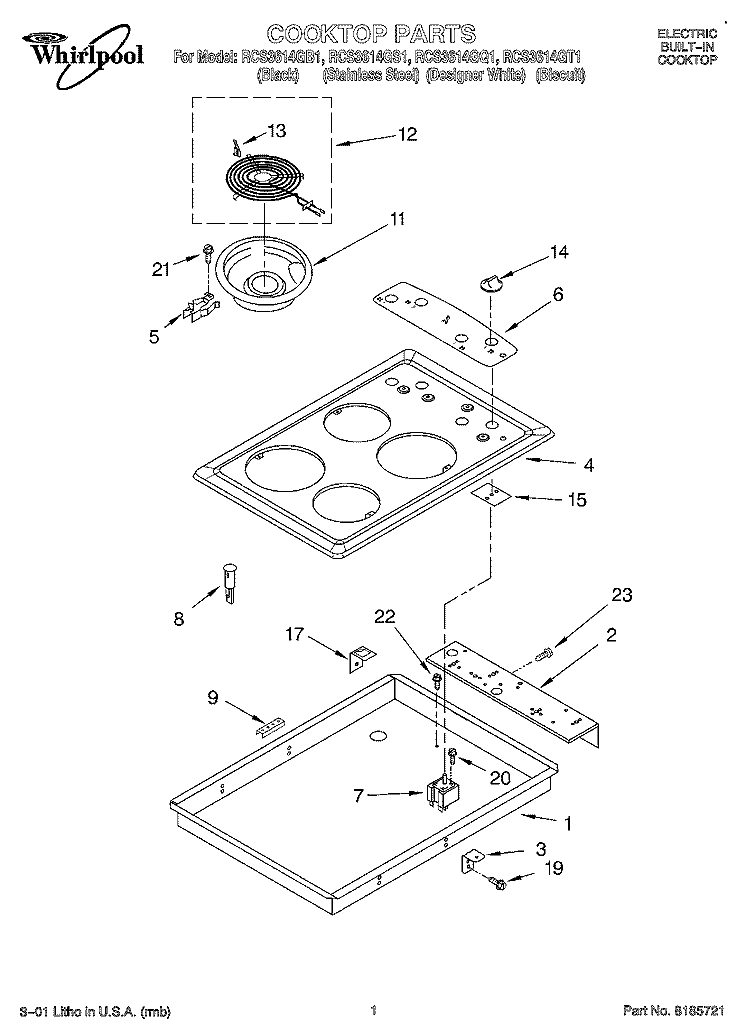 SECTION Diagram and Parts List for RCS3614GQ1  Whirlpool Cooktop