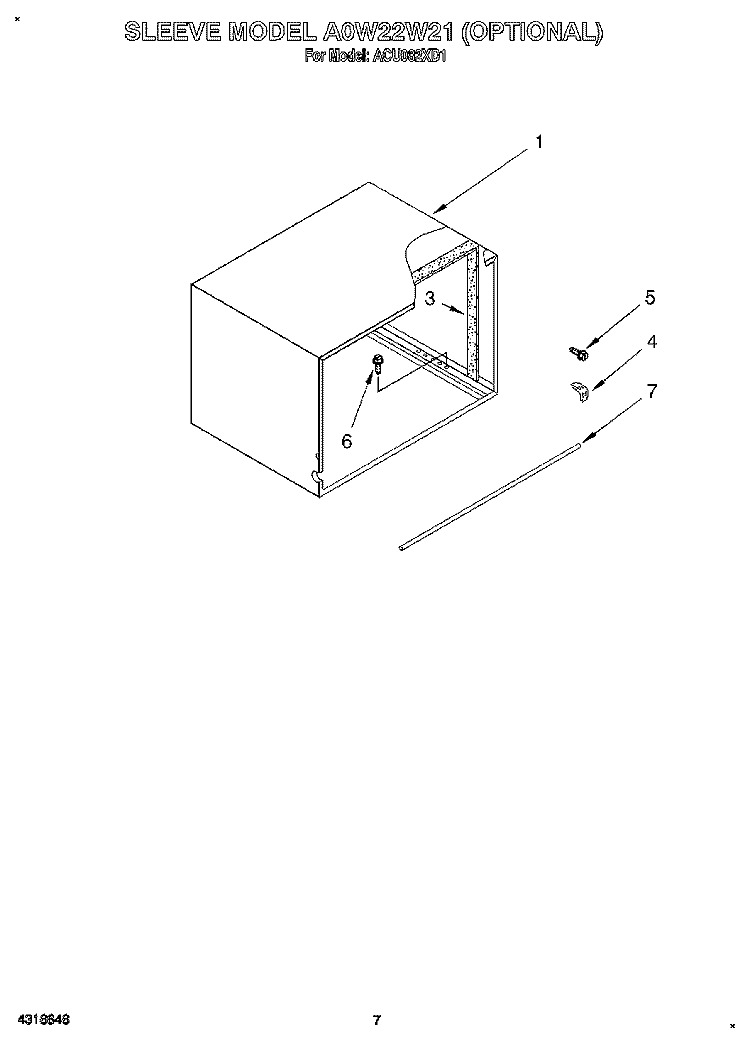 SLEEVE MODEL AOW22W21 (OPTIONAL) Diagram and Parts List for ACU082XD1  Whirlpool Air Conditioner
