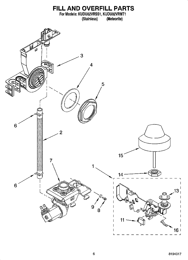 FILL AND OVERFILL PARTS Diagram and Parts List for KUDU02VRSS1  KitchenAid Dishwasher