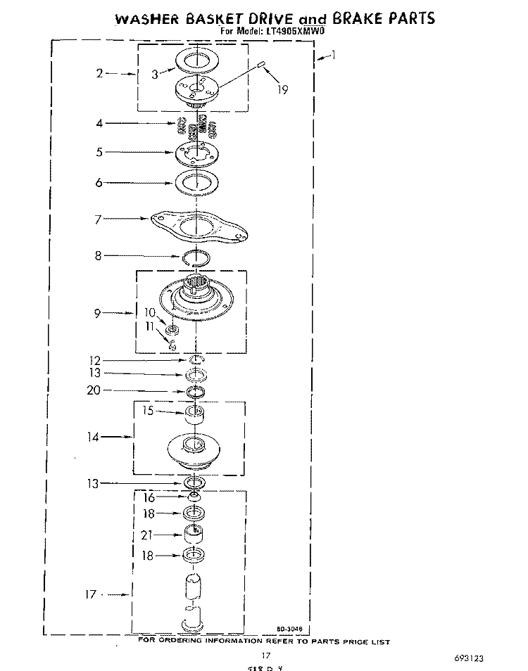 WASHER BASKET DRIVE AND BRAKE Diagram and Parts List for LT4905XMW0  Whirlpool Washer Dryer Combo