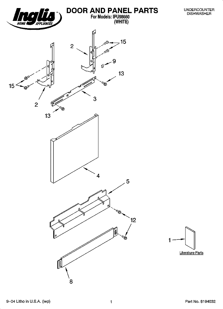 DOOR AND PANEL PARTS Diagram and Parts List for IPU98660  Inglis Dishwasher