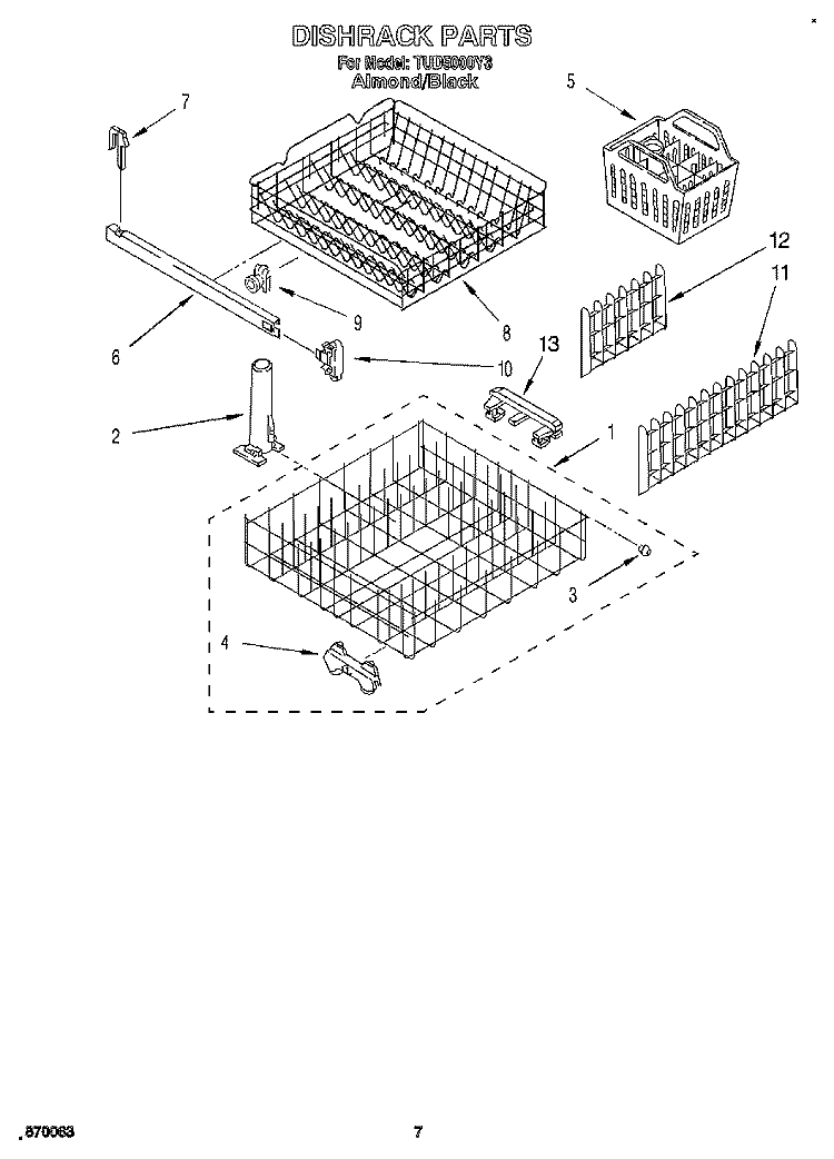 DISHRACK Diagram and Parts List for TUD5000Y3  Whirlpool Dishwasher