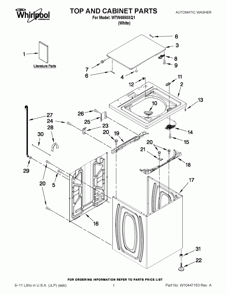 TOP AND CABINET PARTS Diagram and Parts List for WTW4850XQ1  Whirlpool Washer