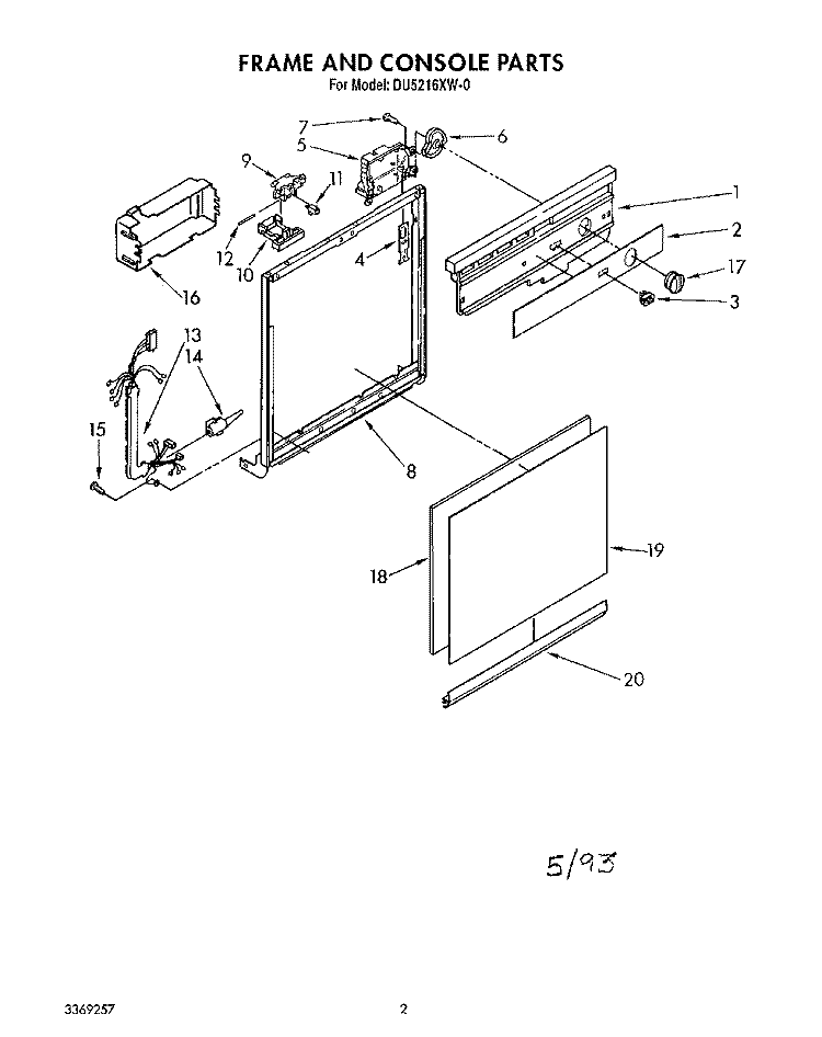 FRAME AND CONSOLE Diagram and Parts List for DU5216XW0  Whirlpool Dishwasher