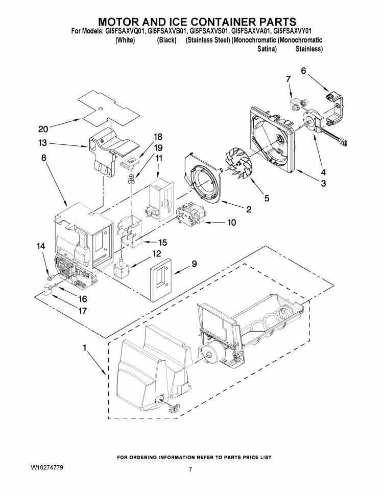 MOTOR AND ICE CONTAINER PARTS Diagram and Parts List for GI5FSAXVA01  Whirlpool Refrigerator