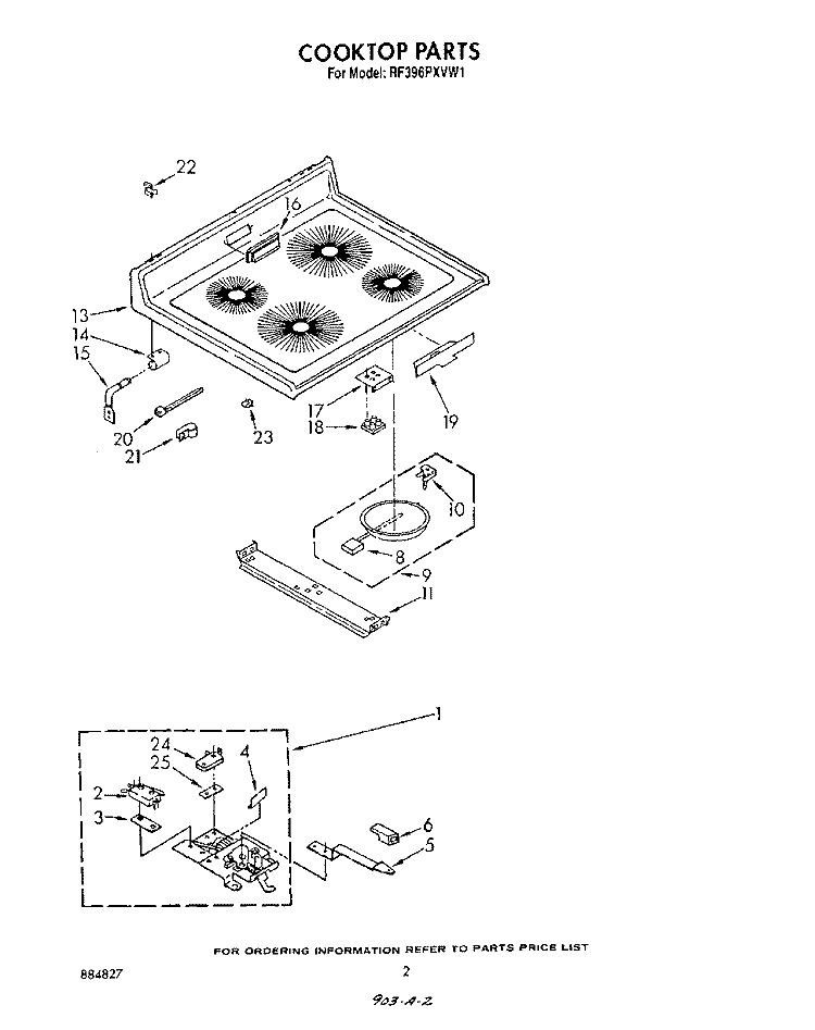 COOK TOP Diagram and Parts List for RF396PXVN1  Whirlpool Range