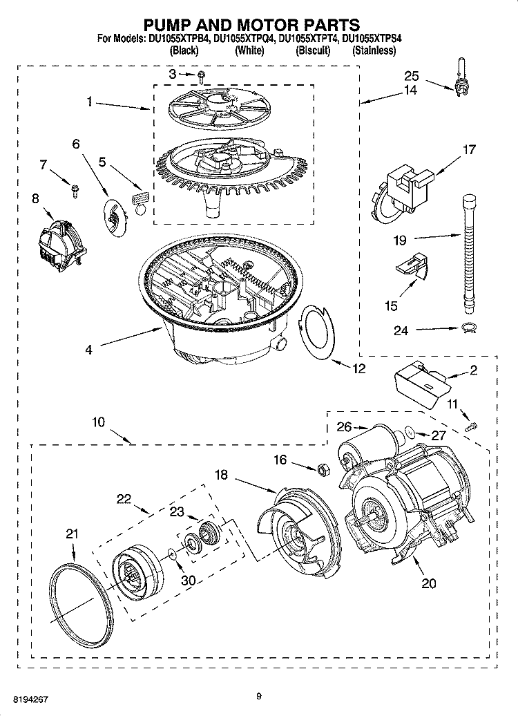 PUMP AND MOTOR PARTS Diagram and Parts List for DU1055XTPQ4  Whirlpool Dishwasher