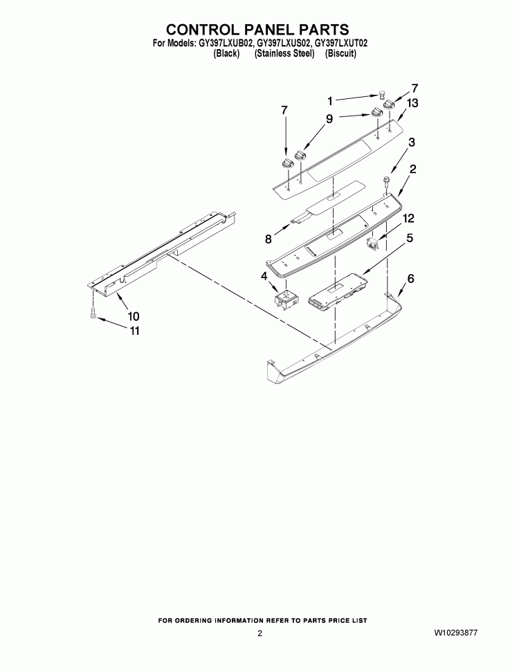 CONTROL PANEL PARTS Diagram and Parts List for GY397LXUT02  Whirlpool Range