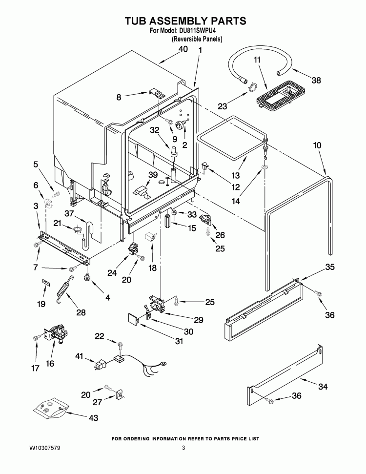 TUB ASSEMBLY PARTS Diagram and Parts List for DU811SWPU4  Whirlpool Dishwasher