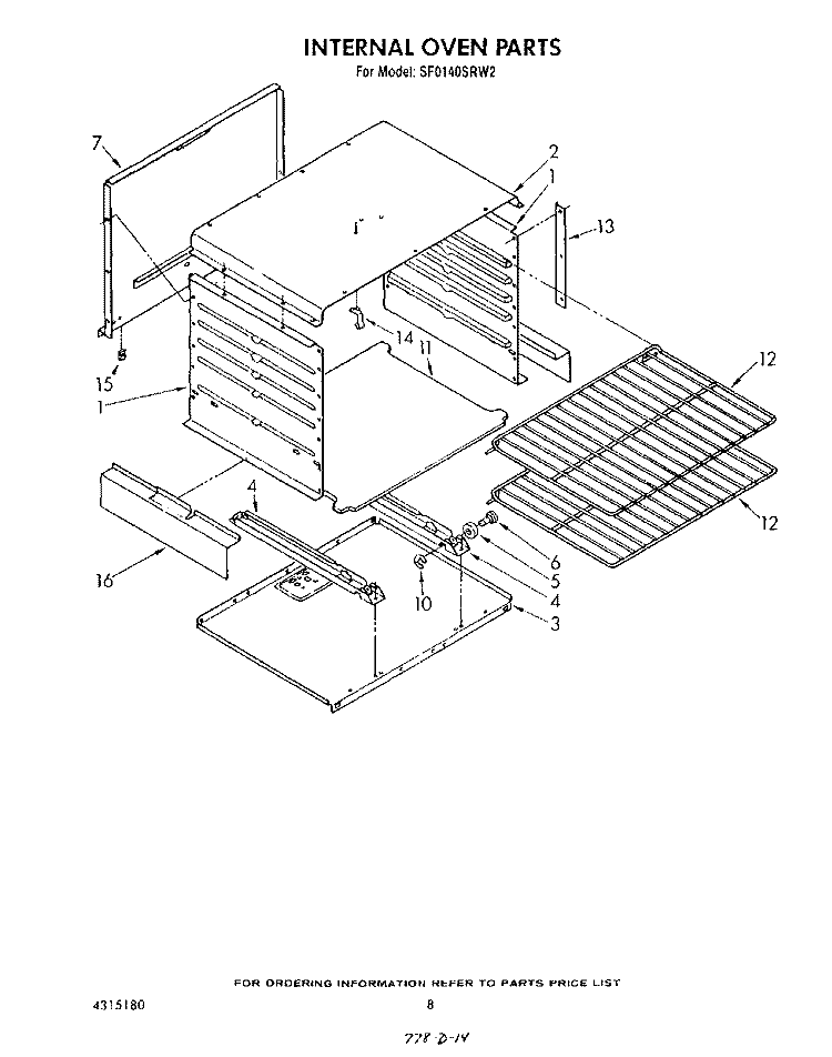 INTERNAL OVEN Diagram and Parts List for SF0140SRW4  Whirlpool Range