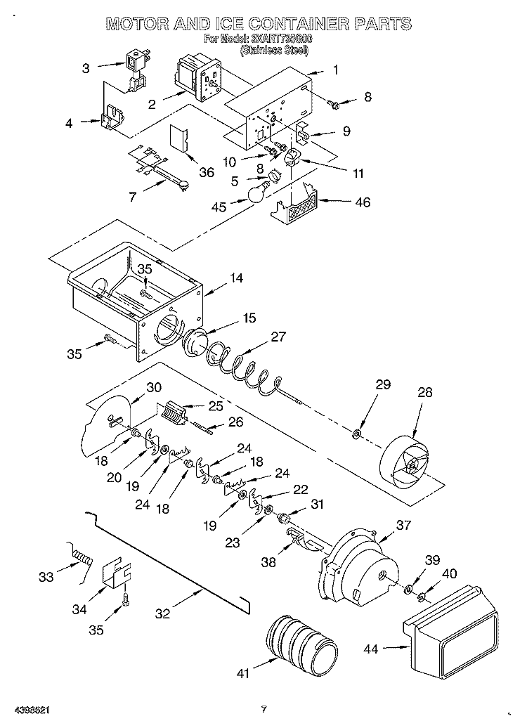 MOTOR AND ICE CONTAINER Diagram and Parts List for 3XART735G00  Whirlpool Refrigerator