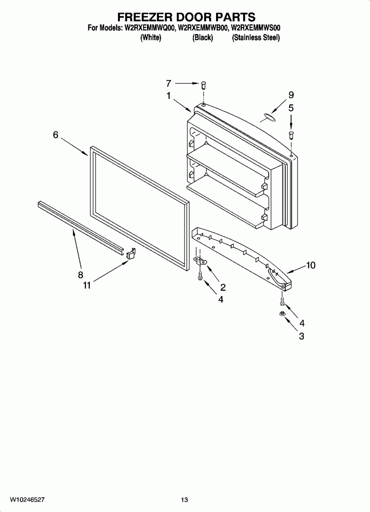 FREEZER DOOR PARTS, OPTIONAL PARTS Diagram and Parts List for W2RXEMMWB00  Whirlpool Refrigerator
