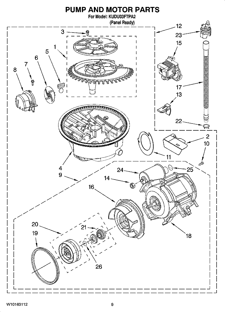 PUMP AND MOTOR PARTS Diagram and Parts List for KUDU03FTPA2  KitchenAid Dishwasher