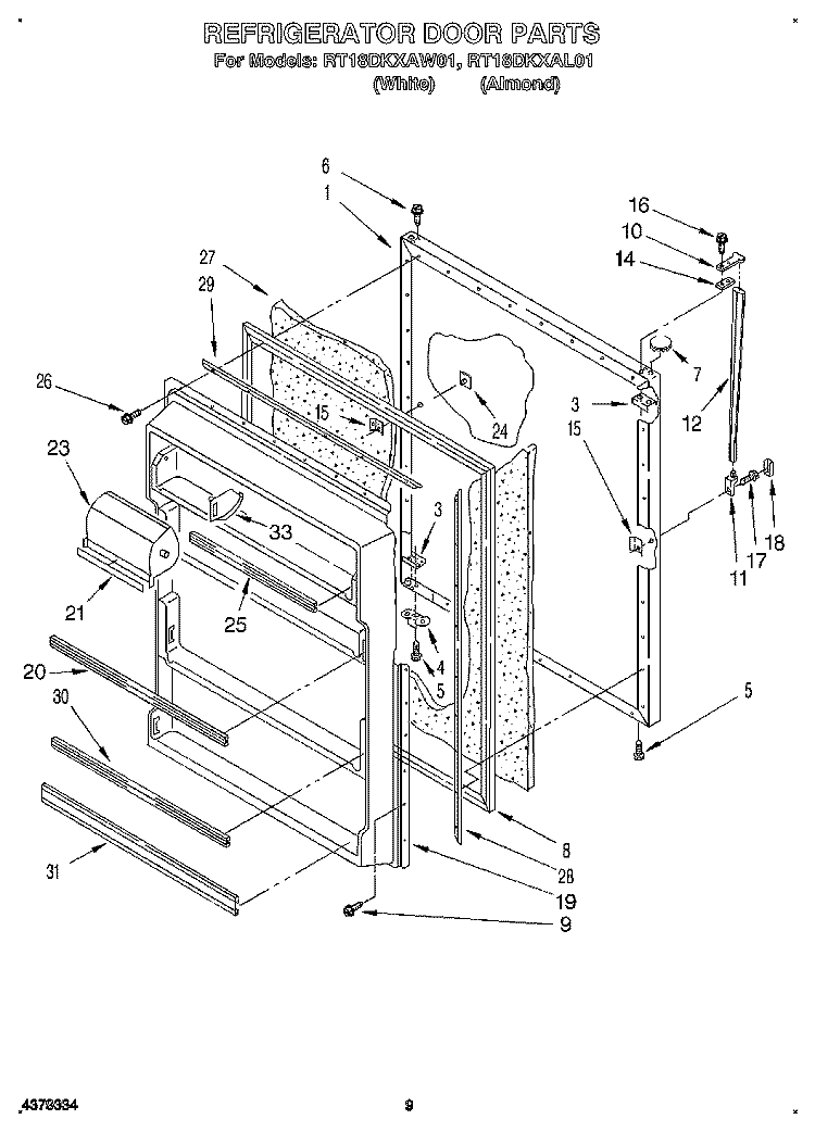 REFRIGERATOR DOOR, LIT/OPTIONAL Diagram and Parts List for RT18DKXAL01  Roper Refrigerator