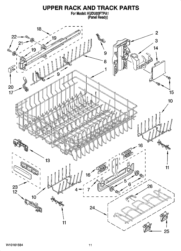 UPPER RACK AND TRACK PARTS Diagram and Parts List for KUDU03FTPA1  KitchenAid Dishwasher