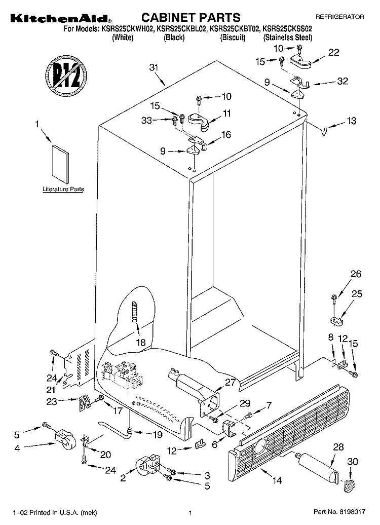 CABINET, LITERATURE Diagram and Parts List for KSRS25CKWH02  KitchenAid Refrigerator