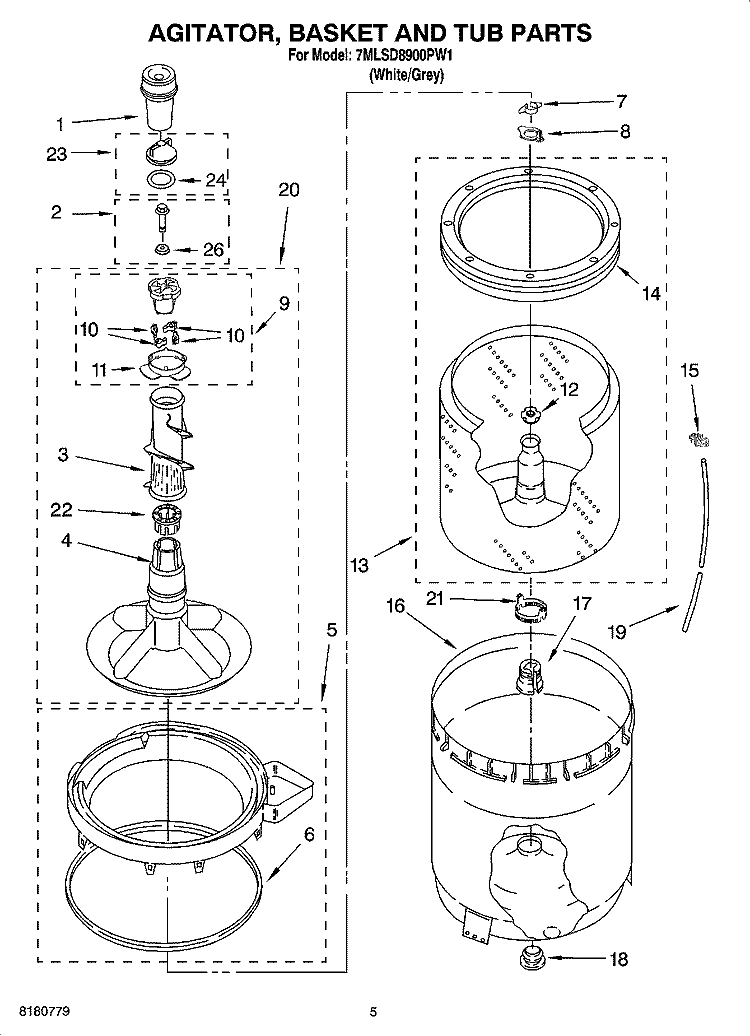 AGITATOR, BASKET AND TUB PARTS Diagram and Parts List for 7MLSD8900PW1  Whirlpool Washer
