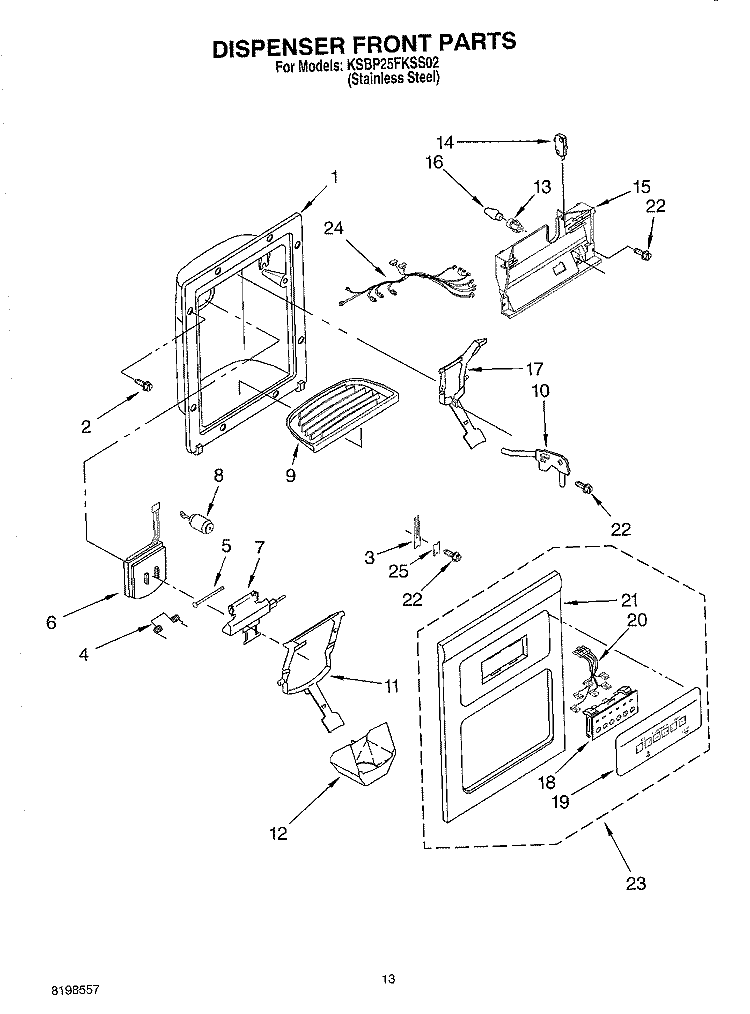 DISPENSER FRONT PARTS Diagram and Parts List for KSBP25FKSS02  KitchenAid Refrigerator