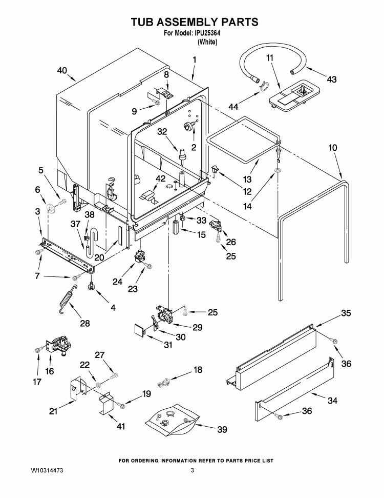 TUB ASSEMBLY PARTS Diagram and Parts List for IPU25364  Inglis Dishwasher