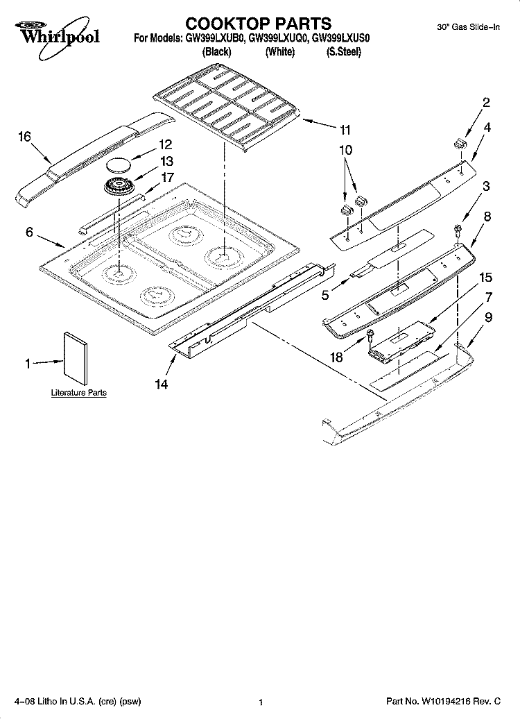 COOKTOP PARTS Diagram and Parts List for GW399LXUB0  Whirlpool Range