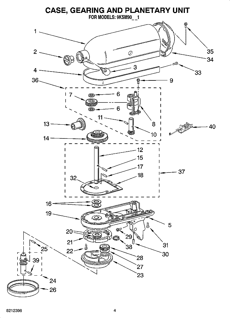 CASE, GEARING AND PLANETARY UNIT Diagram and Parts List for 9KSM90GN1  KitchenAid Mixer