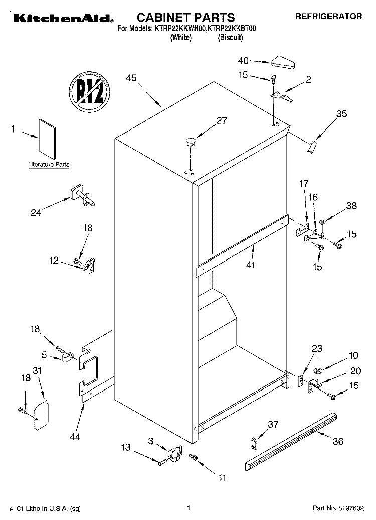 CABINET, LITERATURE Diagram and Parts List for KTRP22KKBT00  KitchenAid Refrigerator
