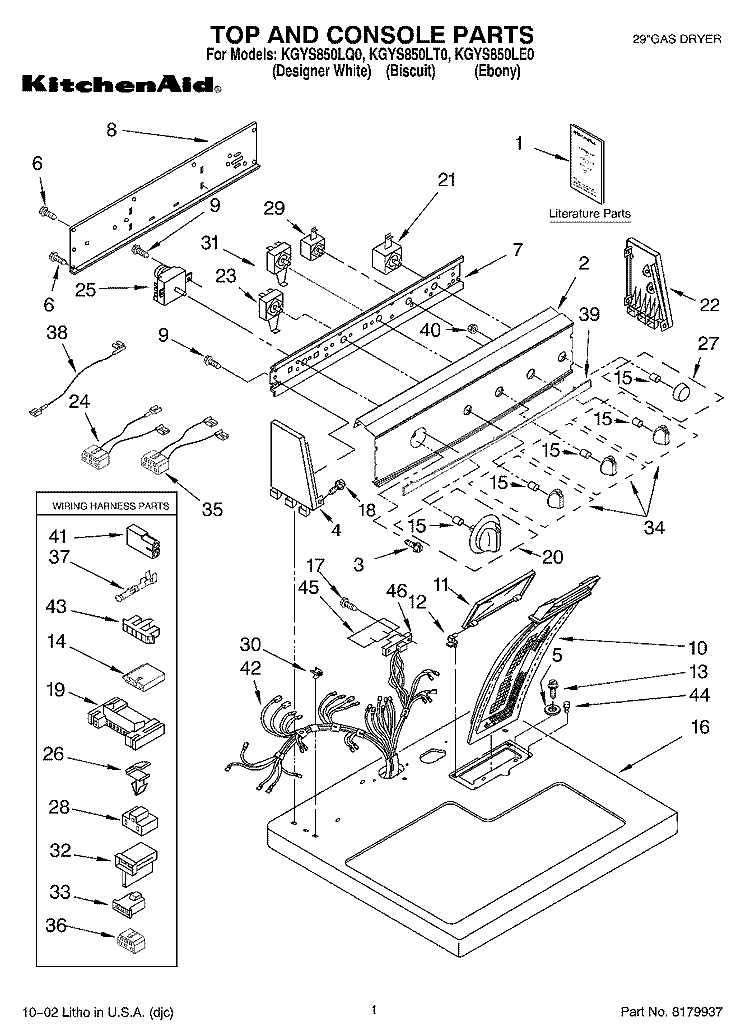 TOP AND CONSOLE, LITERATURE Diagram and Parts List for KGYS850LT0  KitchenAid Dryer
