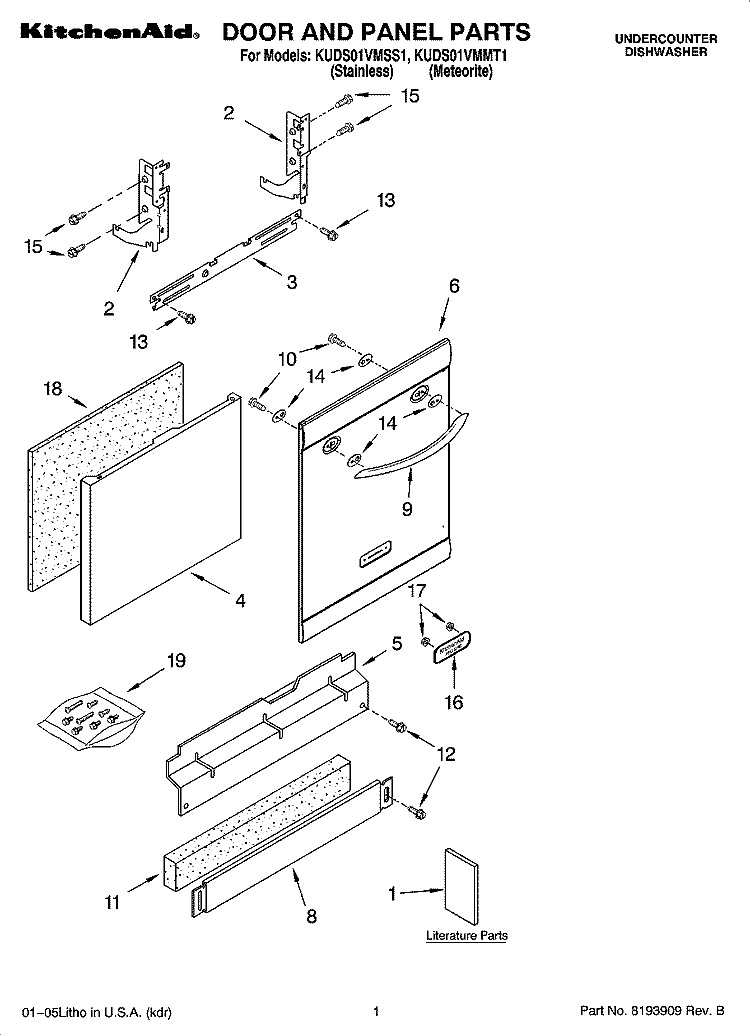 DOOR AND PANEL PARTS Diagram and Parts List for KUDS01VMMT1  KitchenAid Dishwasher