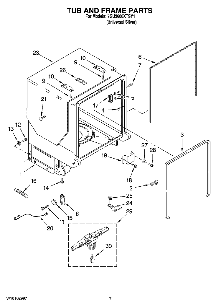 TUB AND FRAME PARTS Diagram and Parts List for 7GU3600XTSY1  Whirlpool Dishwasher