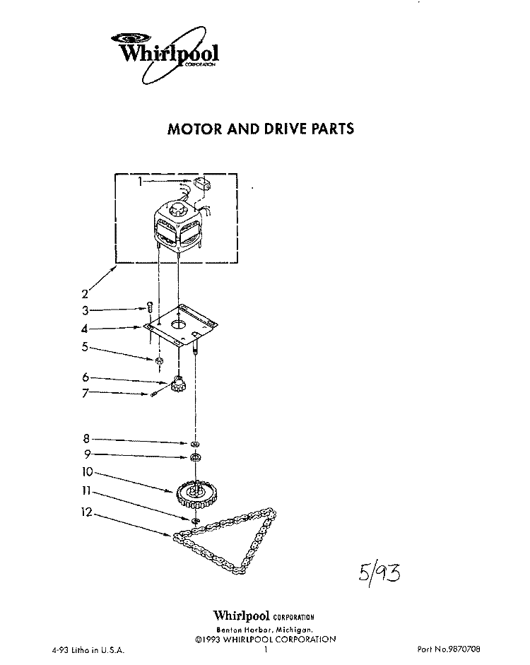 MOTOR AND DRIVE, LITERATURE Diagram and Parts List for TU4700XXP1  Whirlpool Trash Compactor