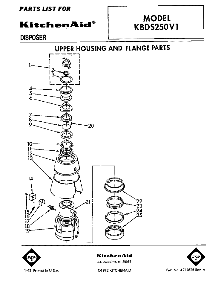SECTION Diagram and Parts List for KBDS250V1  KitchenAid Food Waste Disposer
