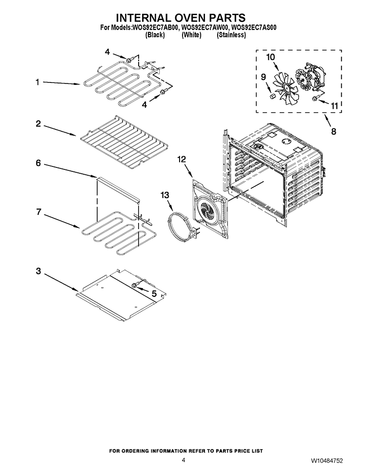INTERNAL OVEN PARTS Diagram and Parts List for WOS92EC7AS00  Whirlpool Wall Oven