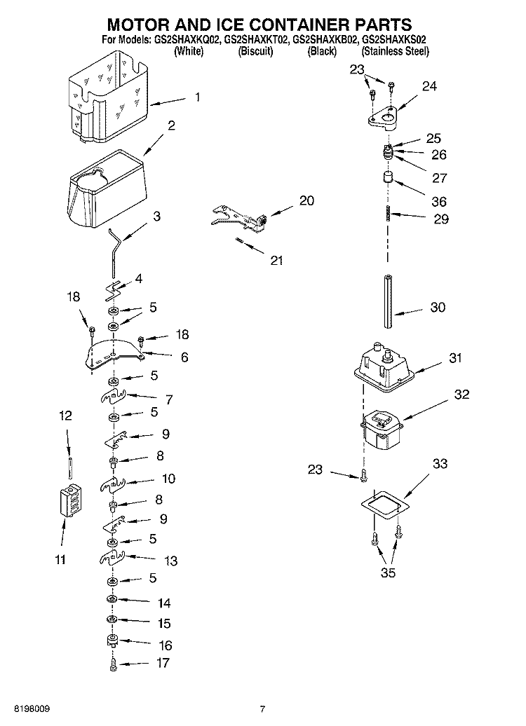 MOTOR AND ICE CONTAINER PARTS Diagram and Parts List for GS2SHAXKT02  Whirlpool Refrigerator