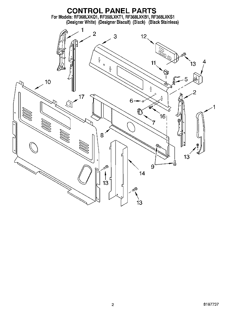 CONTROL PANEL Diagram and Parts List for RF368LXKT1  Whirlpool Range