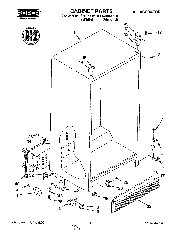 CABINET Diagram and Parts List for RS20DKXBL00  Roper Refrigerator