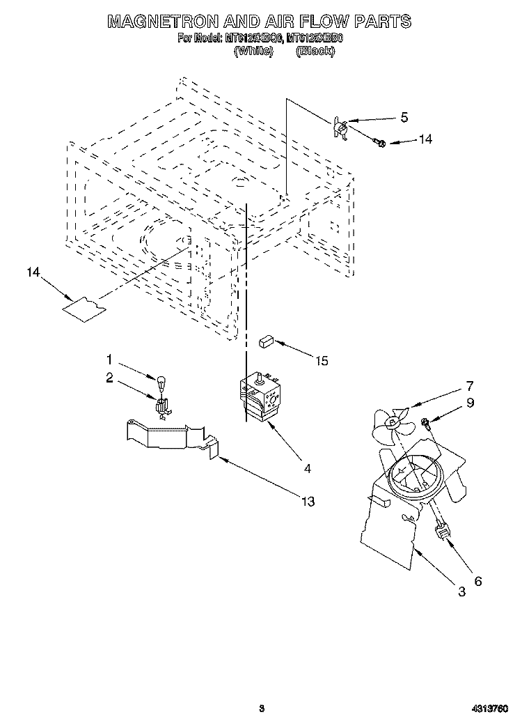 MAGNETRON AND AIR FLOW Diagram and Parts List for MT6125XBB0  Whirlpool Microwave